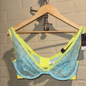 Cacique bra Vibrant Yellow Blue Mesh high apex plunge plaid sheer sexy 36DDD NEW